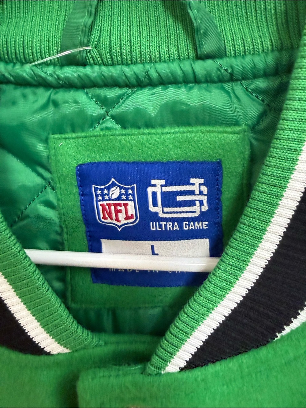 NWT NFL Philadelphia Eagles Kelly Green and Cream Varsity Jacket, Size Large - Picture 3 of 8